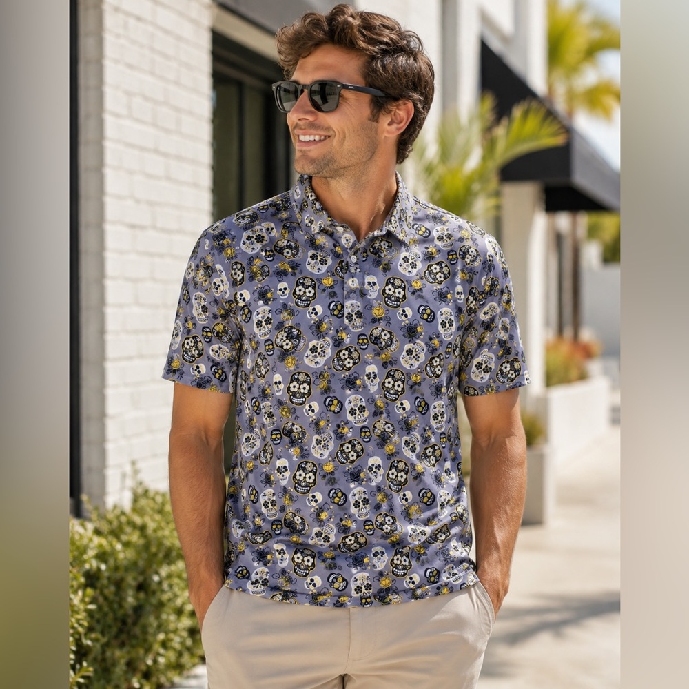Kaipar Noche de los Muertos Golf Polo Shirt Men’s Large Skull Floral Stretch